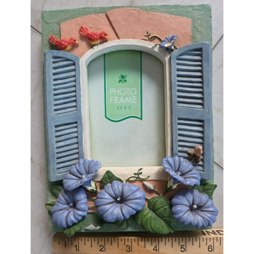 Vintage Cottagecore Floral Photo Frame Birds Bee Blue Shutters 3.5x5 Shabby Chic